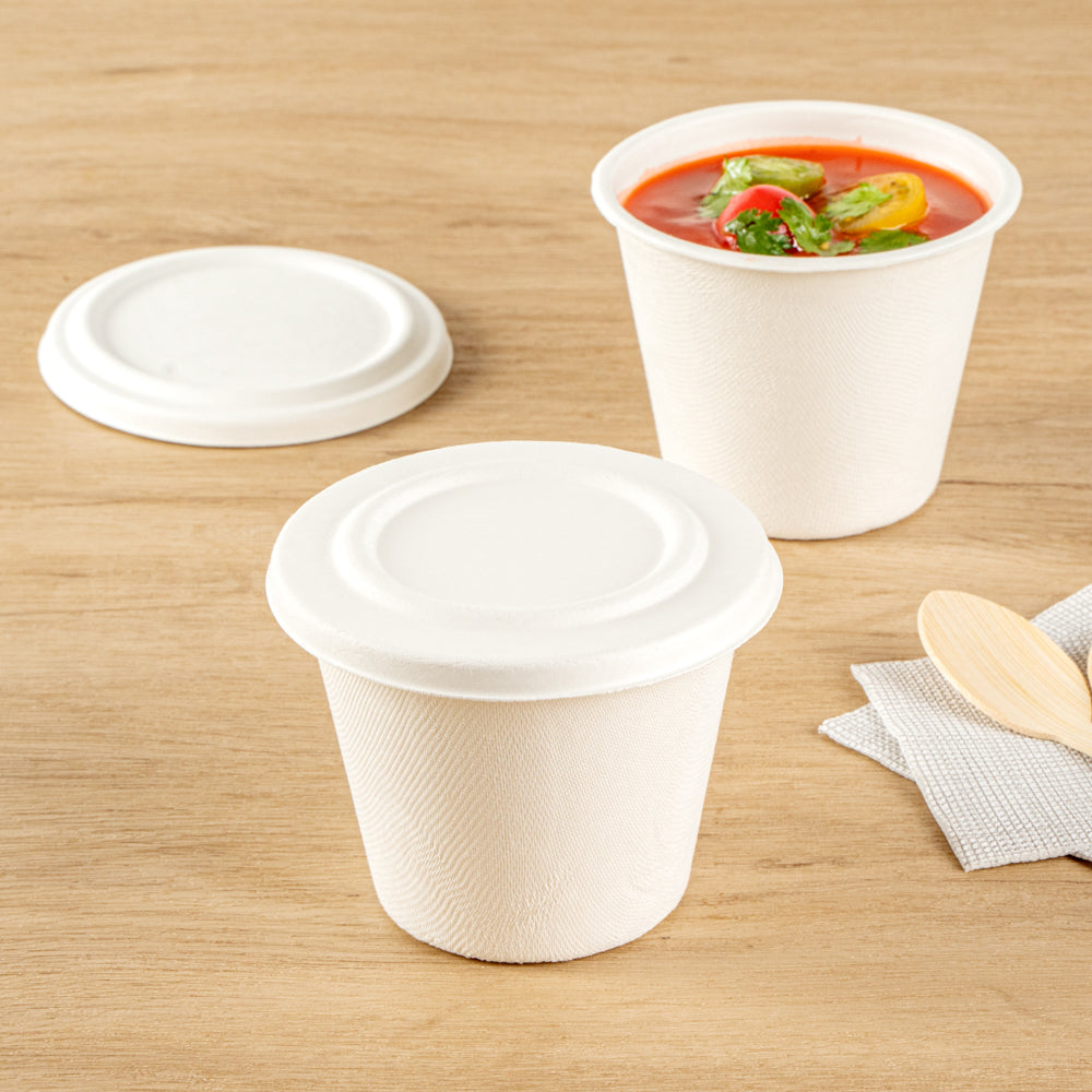 Pulp Safe No PFAS Added Round White Sugarcane / Bagasse Lid - Home Compostable, Fits 15 oz Soup Cup - 100 count box