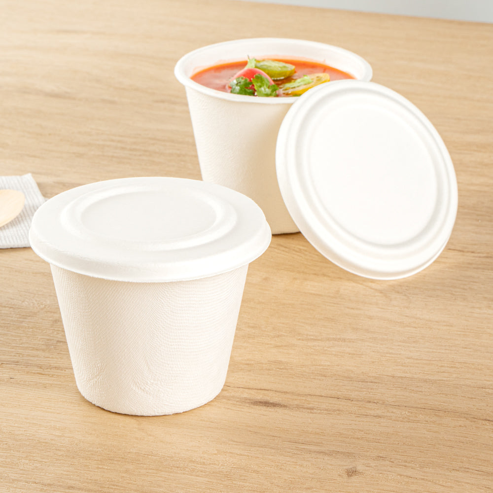 Pulp Safe No PFAS Added Round White Sugarcane / Bagasse Lid - Home Compostable, Fits 15 oz Soup Cup - 100 count box