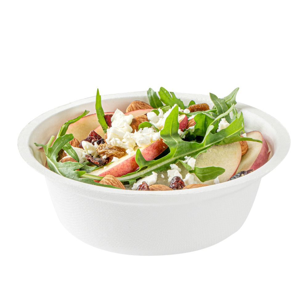 Pulp Safe No PFAS Added 12 oz Round White Sugarcane / Bagasse Salad Bowl - Home Compostable - 5 1/4" x 5 1/4" x 1 3/4" - 100 count box