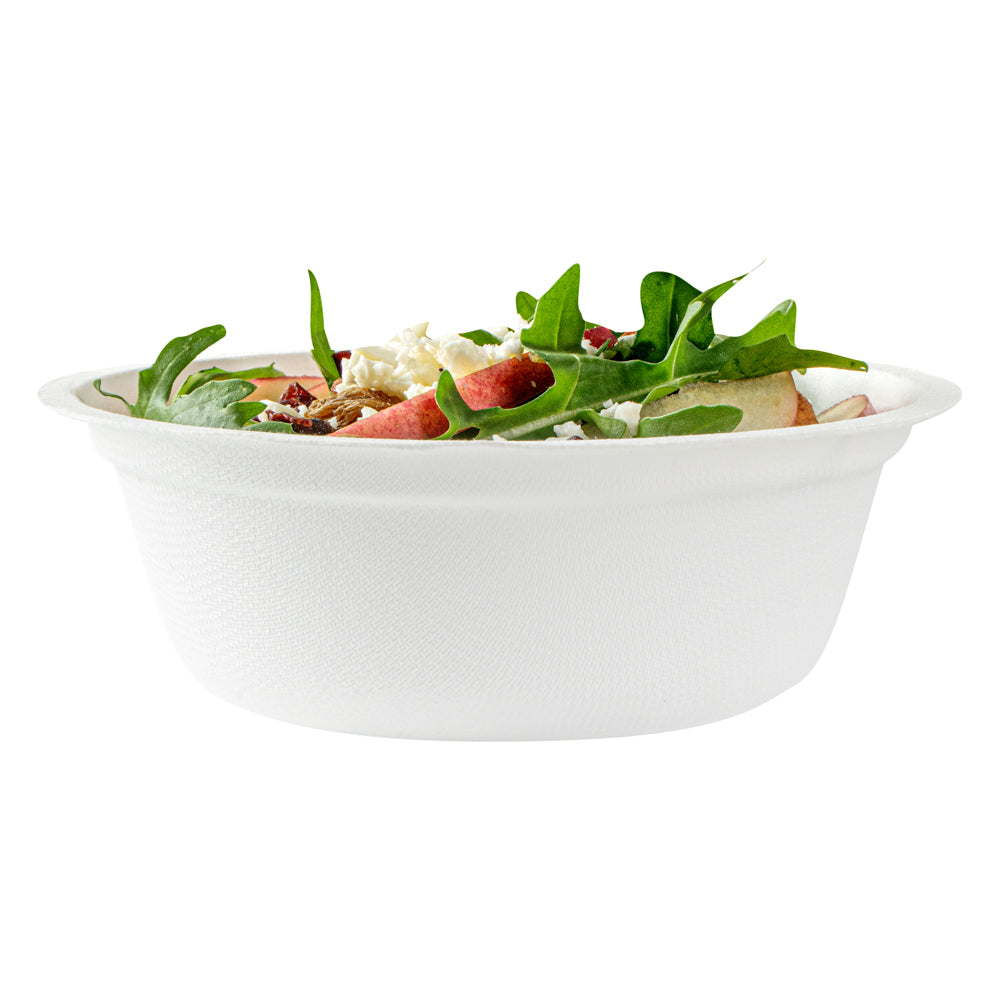 Pulp Safe No PFAS Added 12 oz Round White Sugarcane / Bagasse Salad Bowl - Home Compostable - 5 1/4" x 5 1/4" x 1 3/4" - 100 count box