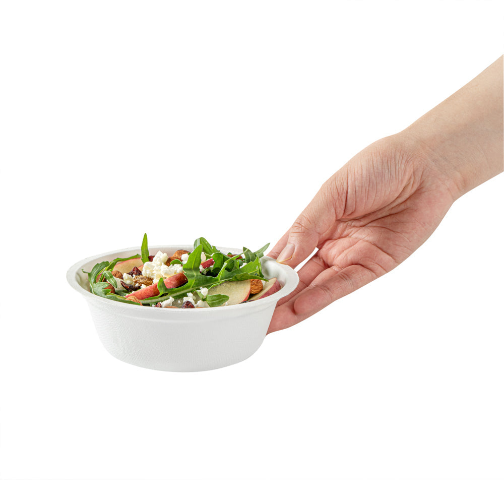 Pulp Safe No PFAS Added 12 oz Round White Sugarcane / Bagasse Salad Bowl - Home Compostable - 5 1/4" x 5 1/4" x 1 3/4" - 100 count box