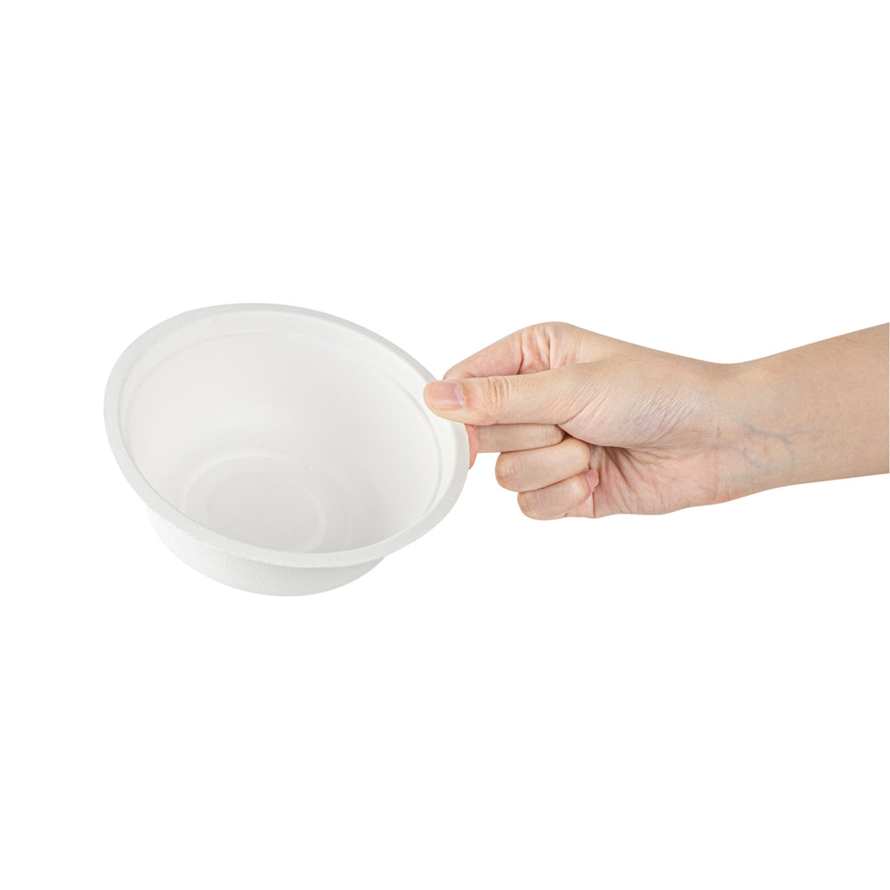 Pulp Safe No PFAS Added 12 oz Round White Sugarcane / Bagasse Salad Bowl - Home Compostable - 5 1/4" x 5 1/4" x 1 3/4" - 100 count box
