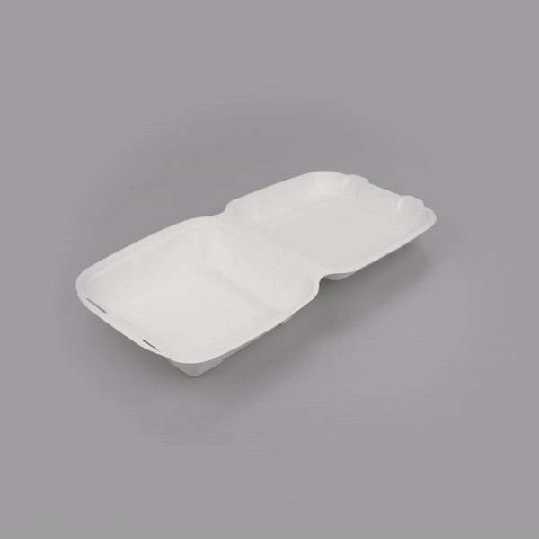 Pulp Safe No PFAS Added 32 oz White Sugarcane / Bagasse Clamshell Container - Home Compostable - 9 1/4" x 9 1/4" x 3 1/4" - 100 count box