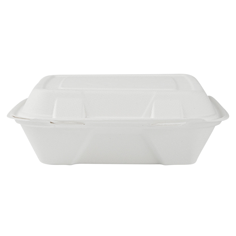 Pulp Safe No PFAS Added 32 oz White Sugarcane / Bagasse Clamshell Container - Home Compostable - 9 1/4" x 9 1/4" x 3 1/4" - 100 count box