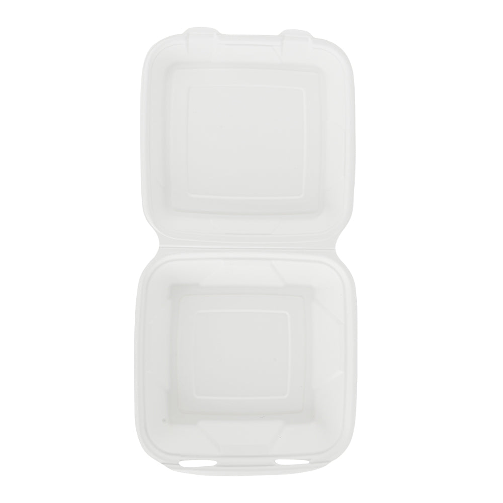 Pulp Safe No PFAS Added 32 oz White Sugarcane / Bagasse Clamshell Container - Home Compostable - 9 1/4" x 9 1/4" x 3 1/4" - 100 count box