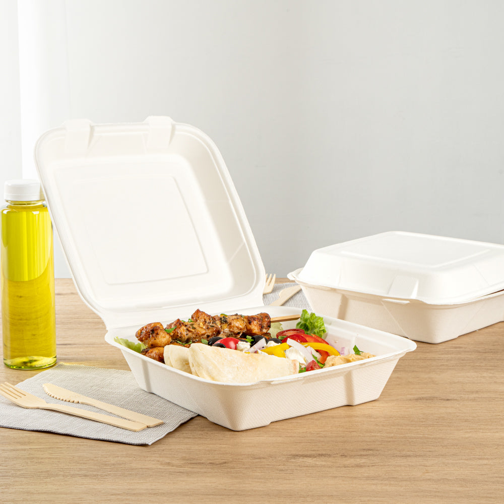 Pulp Safe No PFAS Added 32 oz White Sugarcane / Bagasse Clamshell Container - Home Compostable - 9 1/4" x 9 1/4" x 3 1/4" - 100 count box