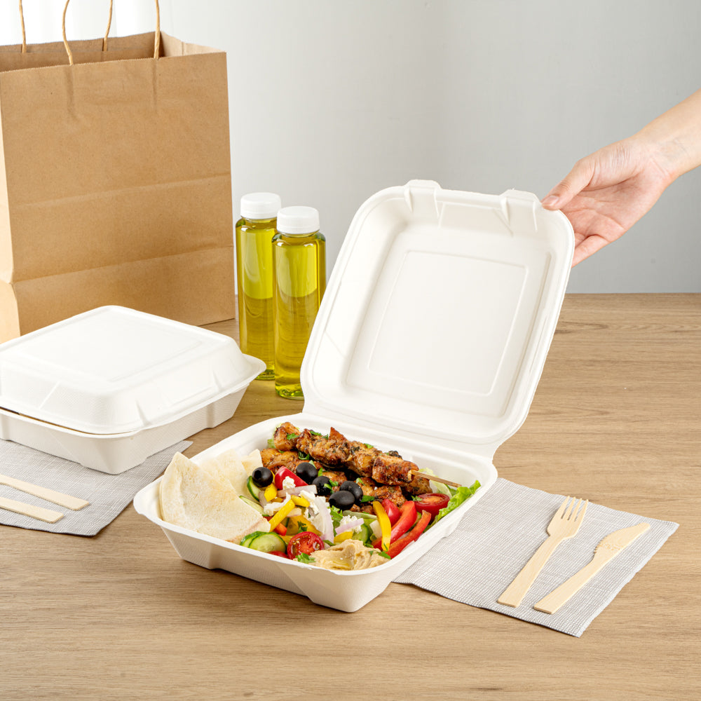 Pulp Safe No PFAS Added 32 oz White Sugarcane / Bagasse Clamshell Container - Home Compostable - 9 1/4" x 9 1/4" x 3 1/4" - 100 count box