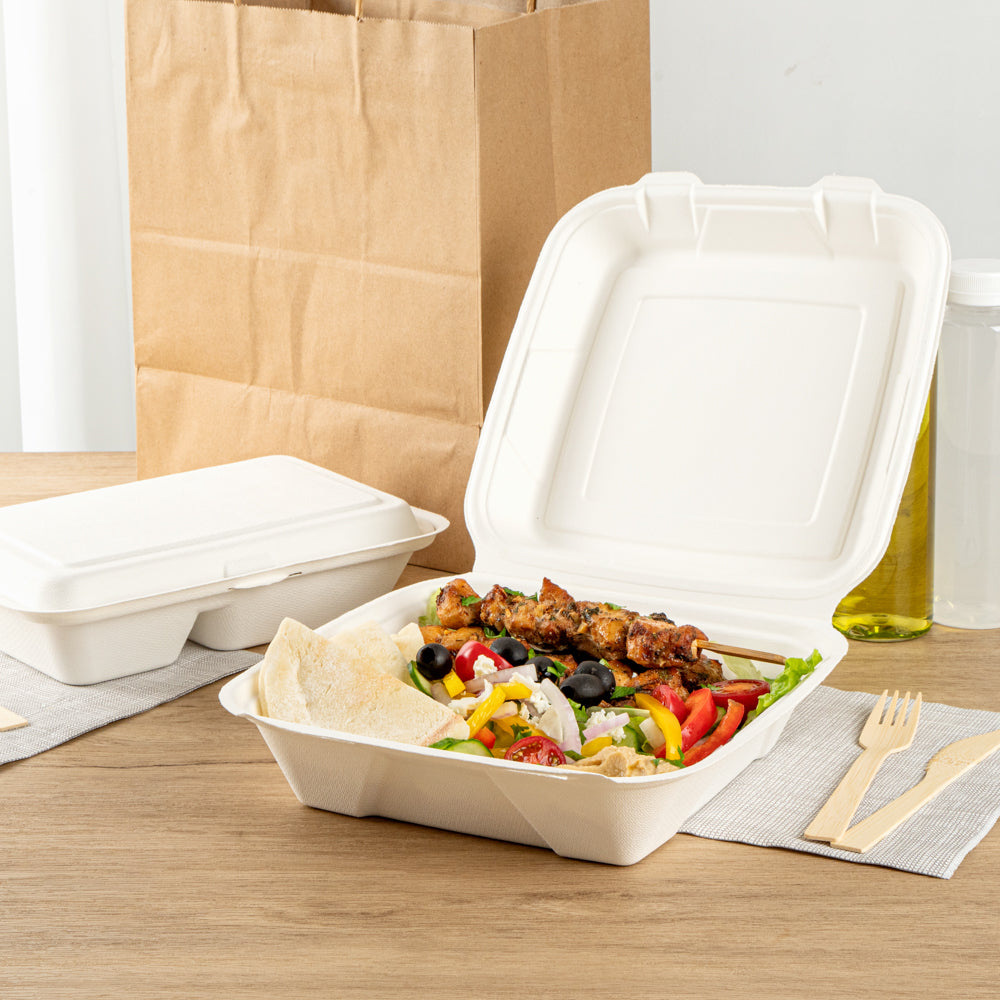 Pulp Safe No PFAS Added 32 oz White Sugarcane / Bagasse Clamshell Container - Home Compostable - 9 1/4" x 9 1/4" x 3 1/4" - 100 count box