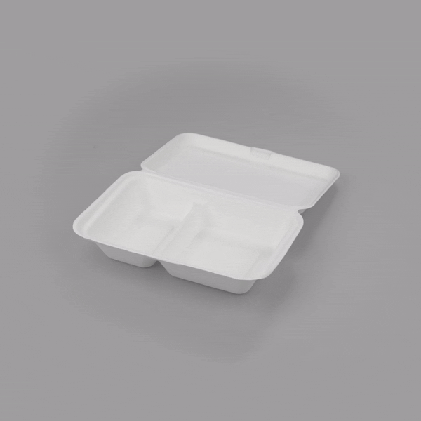 Pulp Safe No PFAS Added 34 oz Sugarcane / Bagasse Clamshell Container - Home Compostable, 2-Compartment - 9 1/2" x 6 1/4" - 100 count box