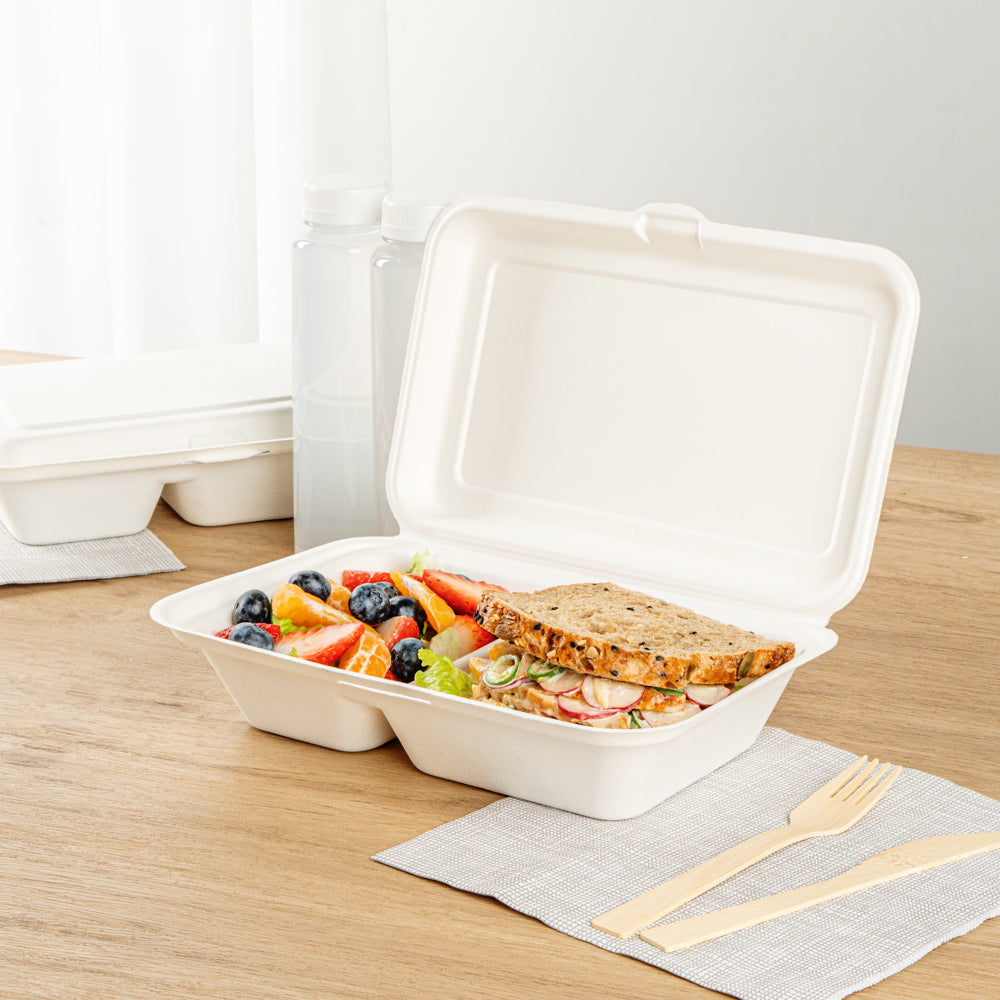 Pulp Safe No PFAS Added 34 oz Sugarcane / Bagasse Clamshell Container - Home Compostable, 2-Compartment - 9 1/2" x 6 1/4" - 100 count box