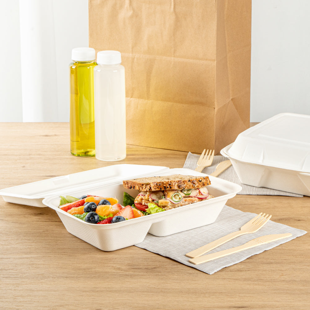 Pulp Safe No PFAS Added 34 oz Sugarcane / Bagasse Clamshell Container - Home Compostable, 2-Compartment - 9 1/2" x 6 1/4" - 100 count box