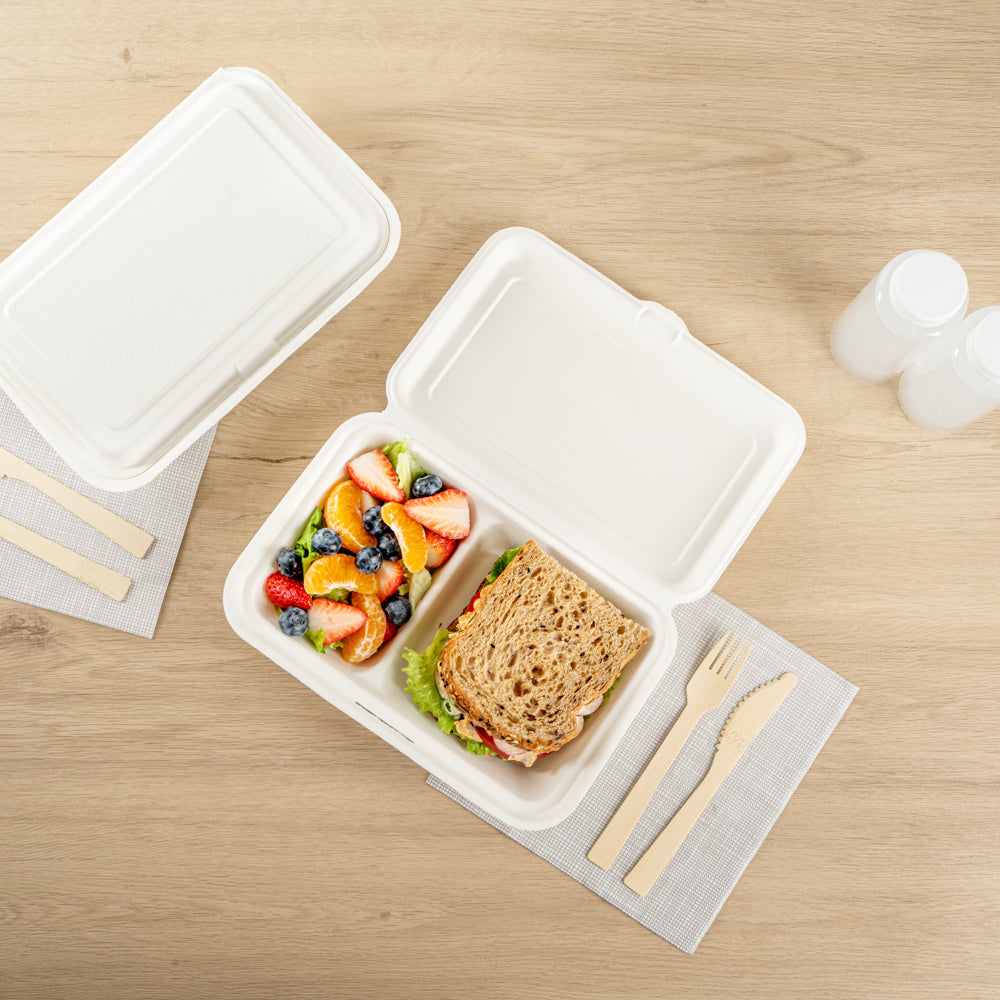 Pulp Safe No PFAS Added 34 oz Sugarcane / Bagasse Clamshell Container - Home Compostable, 2-Compartment - 9 1/2" x 6 1/4" - 100 count box