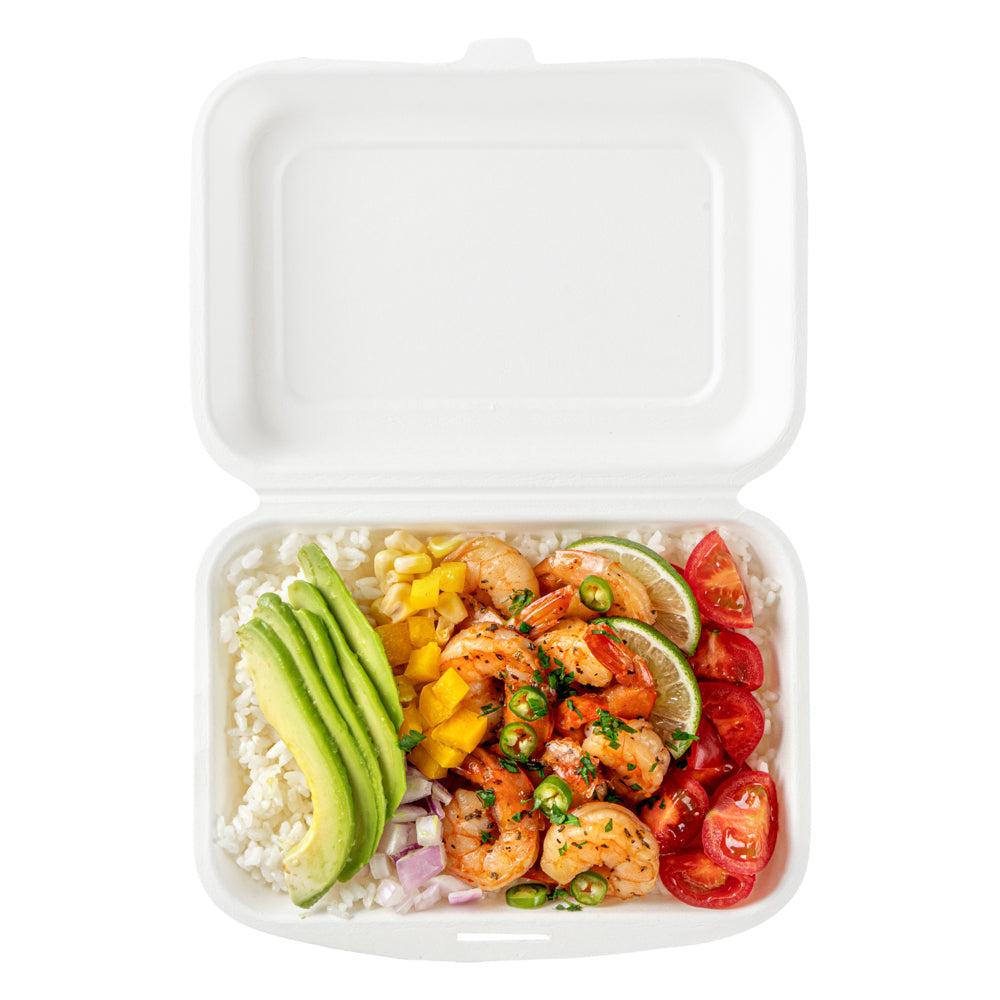Pulp Safe No PFAS Added 20 oz White Sugarcane / Bagasse Clamshell Container - Home Compostable - 7 1/4" x 5 1/2" x 2 1/2" - 100 count box