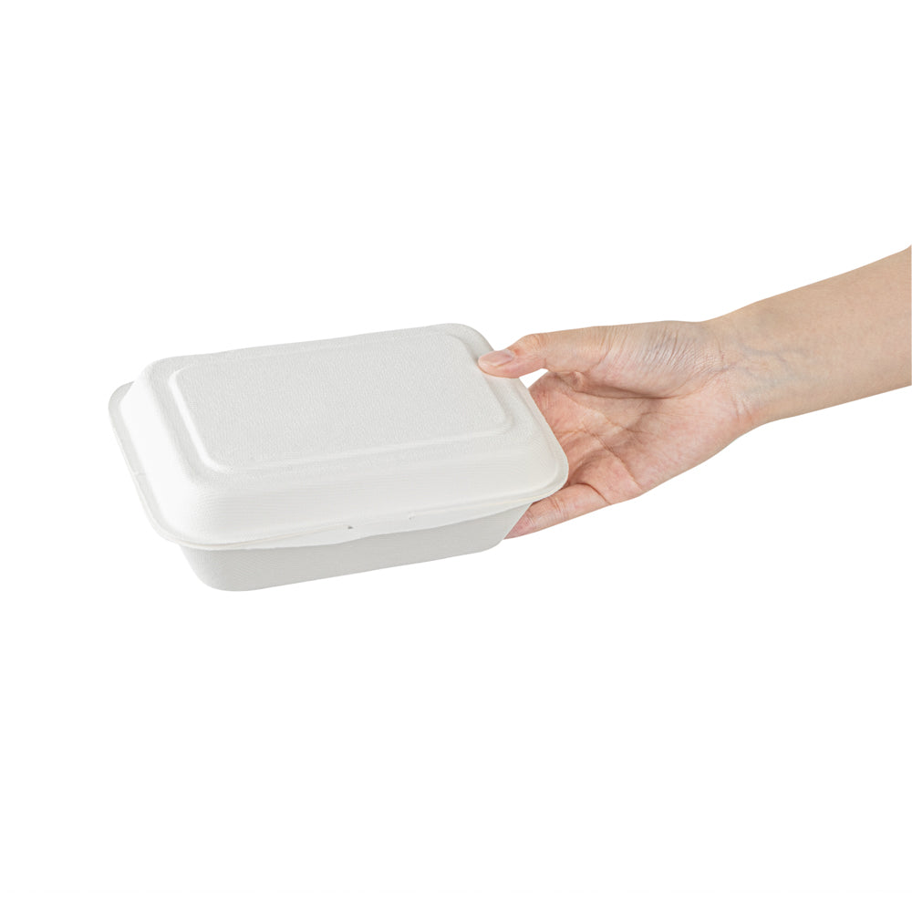 Pulp Safe No PFAS Added 20 oz White Sugarcane / Bagasse Clamshell Container - Home Compostable - 7 1/4" x 5 1/2" x 2 1/2" - 100 count box