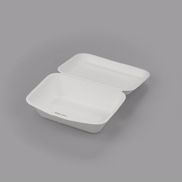 Pulp Safe No PFAS Added 20 oz White Sugarcane / Bagasse Clamshell Container - Home Compostable - 7 1/4" x 5 1/2" x 2 1/2" - 100 count box