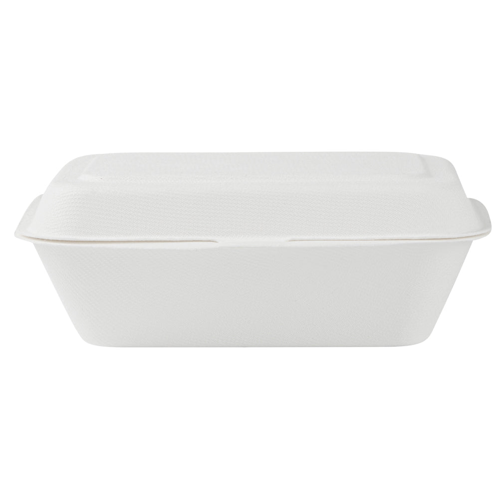 Pulp Safe No PFAS Added 20 oz White Sugarcane / Bagasse Clamshell Container - Home Compostable - 7 1/4" x 5 1/2" x 2 1/2" - 100 count box