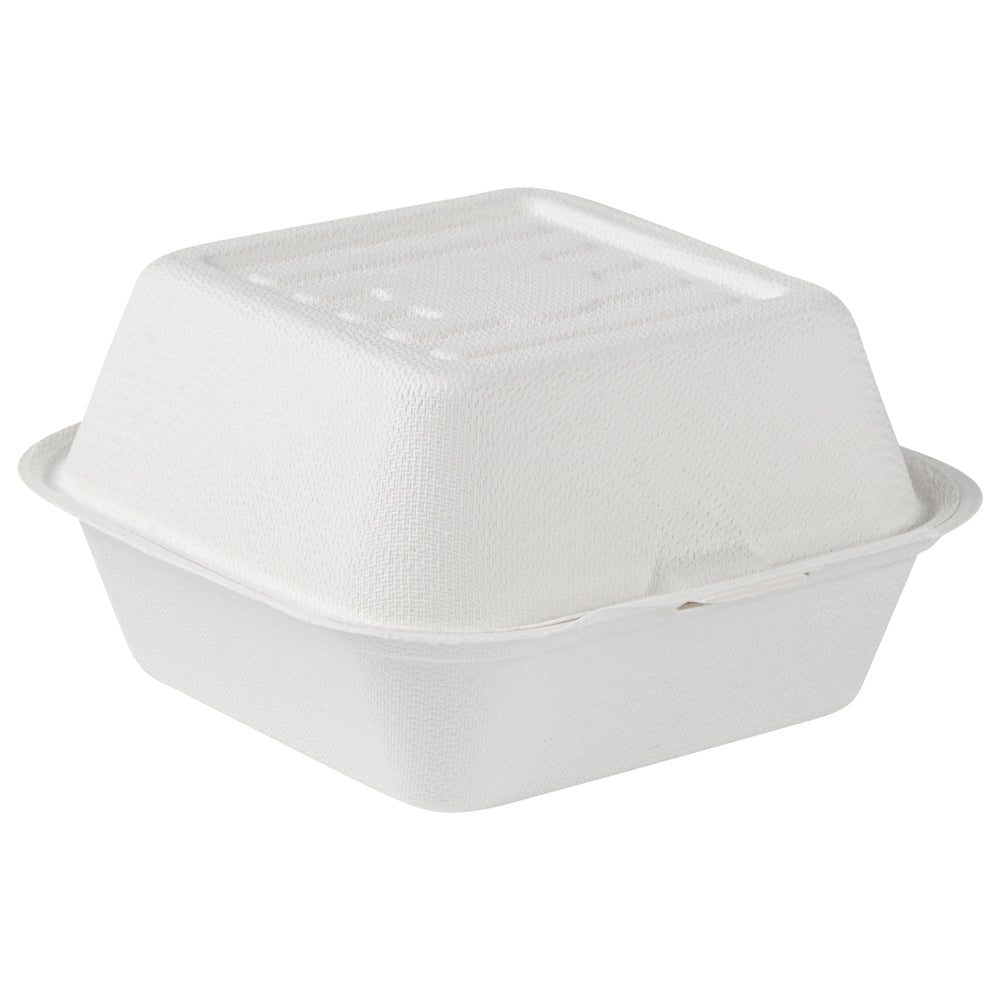 Pulp Safe No PFAS Added 15 oz Square White Sugarcane / Bagasse Clamshell Container - Home Compostable - 6" x 6" x 3" - 100 count box