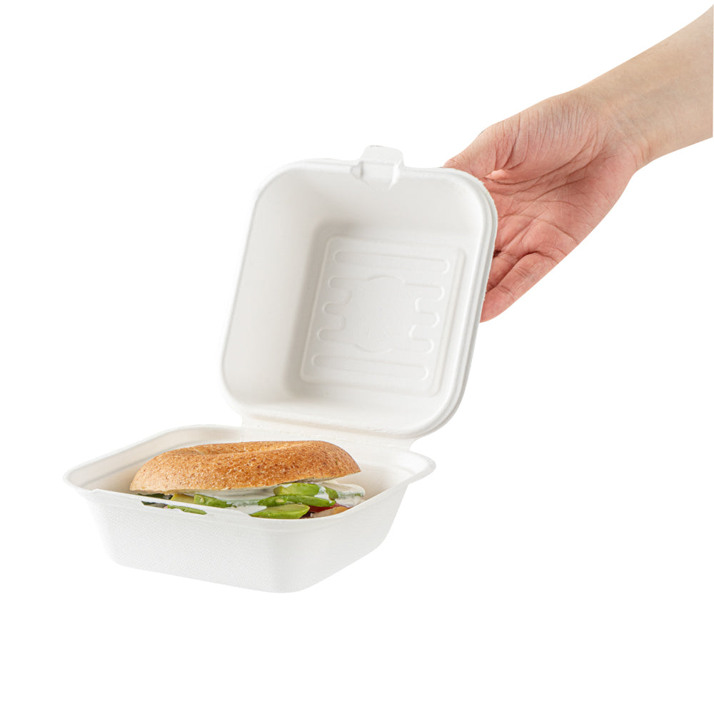 Pulp Safe No PFAS Added 15 oz Square White Sugarcane / Bagasse Clamshell Container - Home Compostable - 6" x 6" x 3" - 100 count box