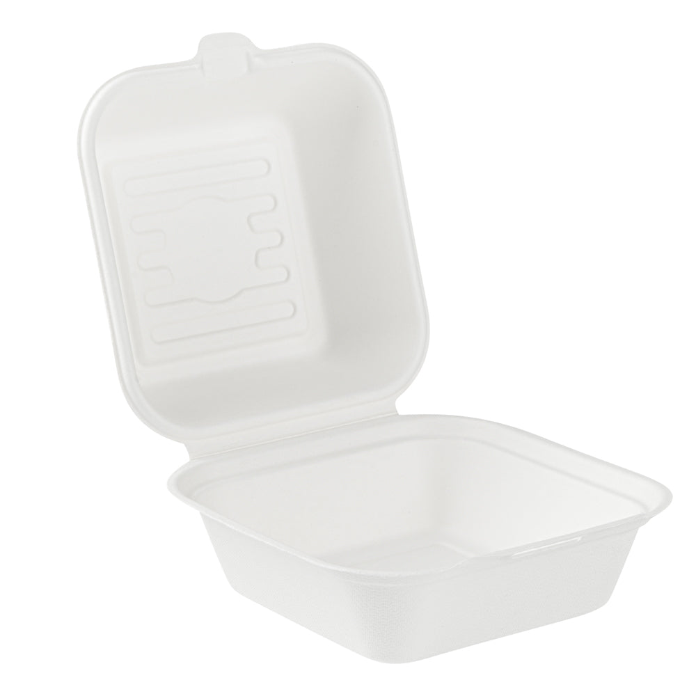 Pulp Safe No PFAS Added 15 oz Square White Sugarcane / Bagasse Clamshell Container - Home Compostable - 6" x 6" x 3" - 100 count box