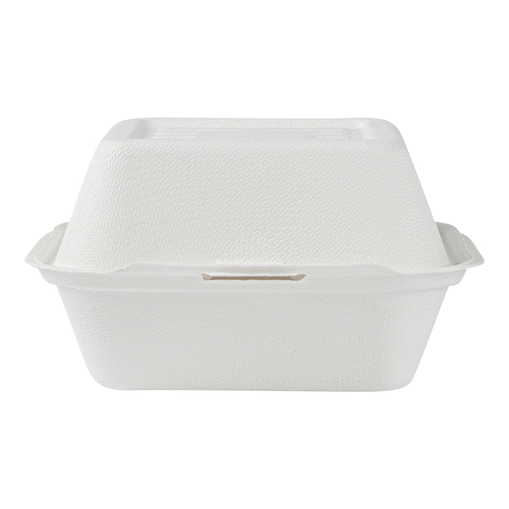 Pulp Safe No PFAS Added 15 oz Square White Sugarcane / Bagasse Clamshell Container - Home Compostable - 6" x 6" x 3" - 100 count box
