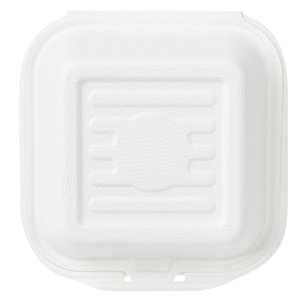 Pulp Safe No PFAS Added 15 oz Square White Sugarcane / Bagasse Clamshell Container - Home Compostable - 6" x 6" x 3" - 100 count box
