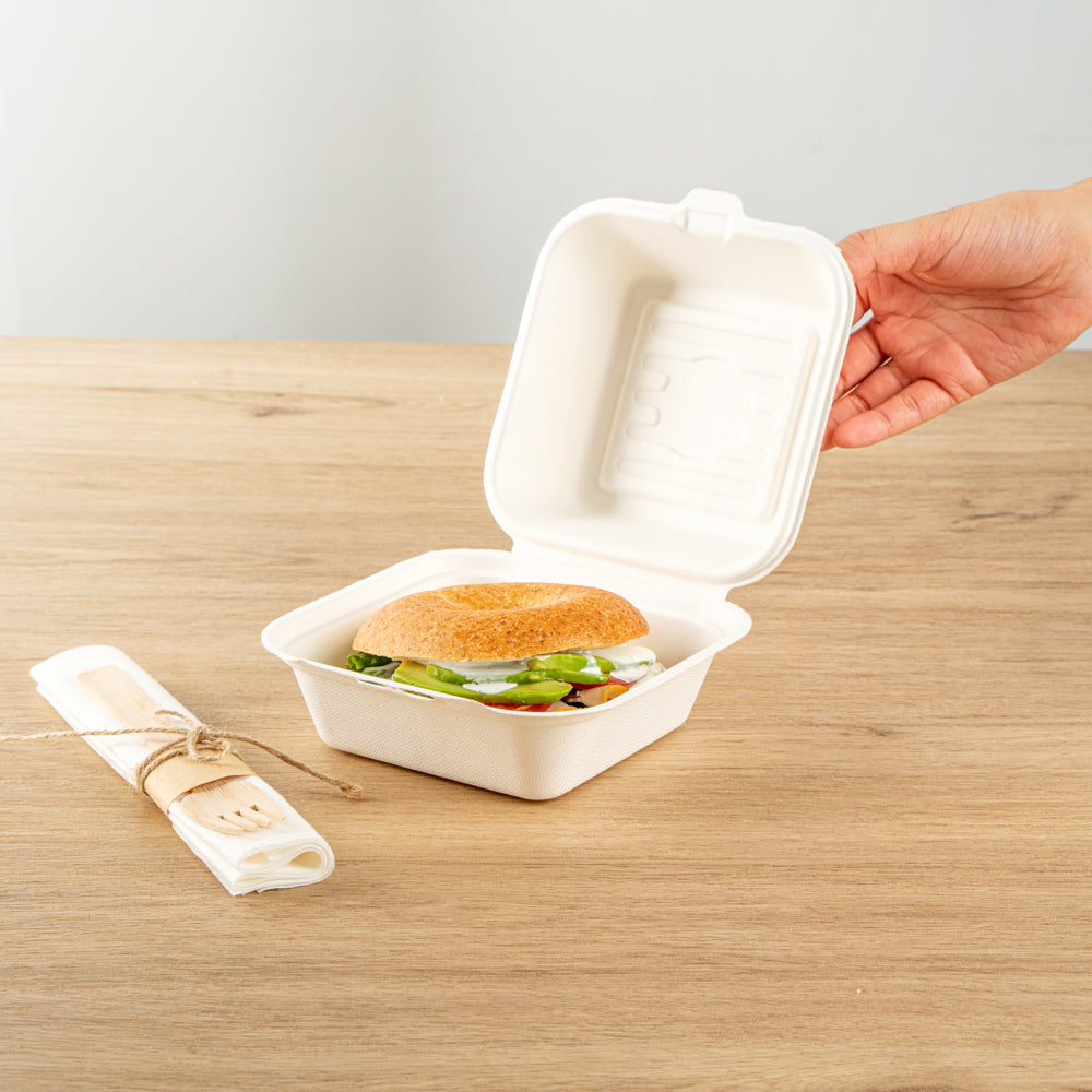 Pulp Safe No PFAS Added 15 oz Square White Sugarcane / Bagasse Clamshell Container - Home Compostable - 6" x 6" x 3" - 100 count box