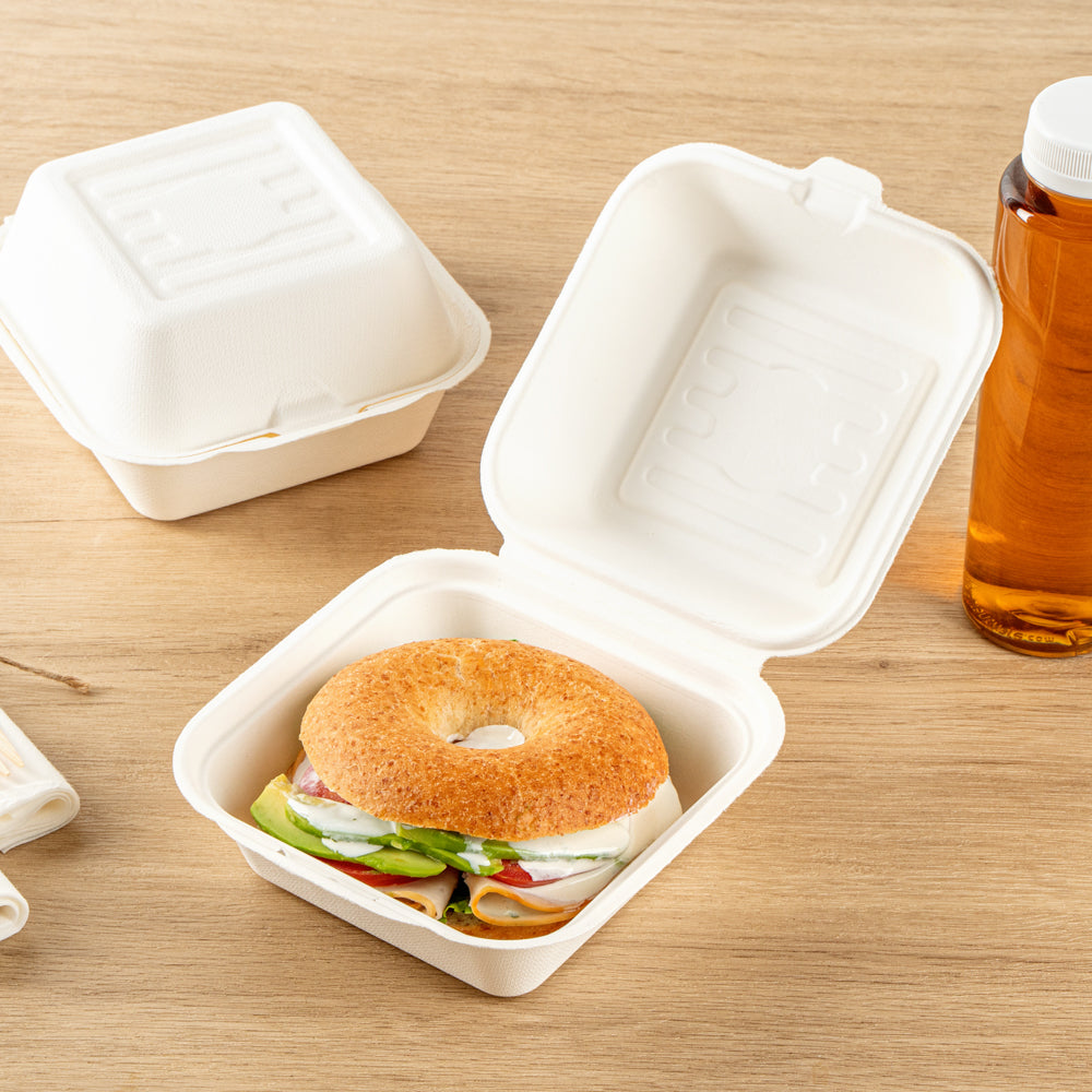 Pulp Safe No PFAS Added 15 oz Square White Sugarcane / Bagasse Clamshell Container - Home Compostable - 6" x 6" x 3" - 100 count box