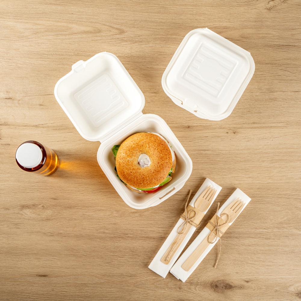Pulp Safe No PFAS Added 15 oz Square White Sugarcane / Bagasse Clamshell Container - Home Compostable - 6" x 6" x 3" - 100 count box