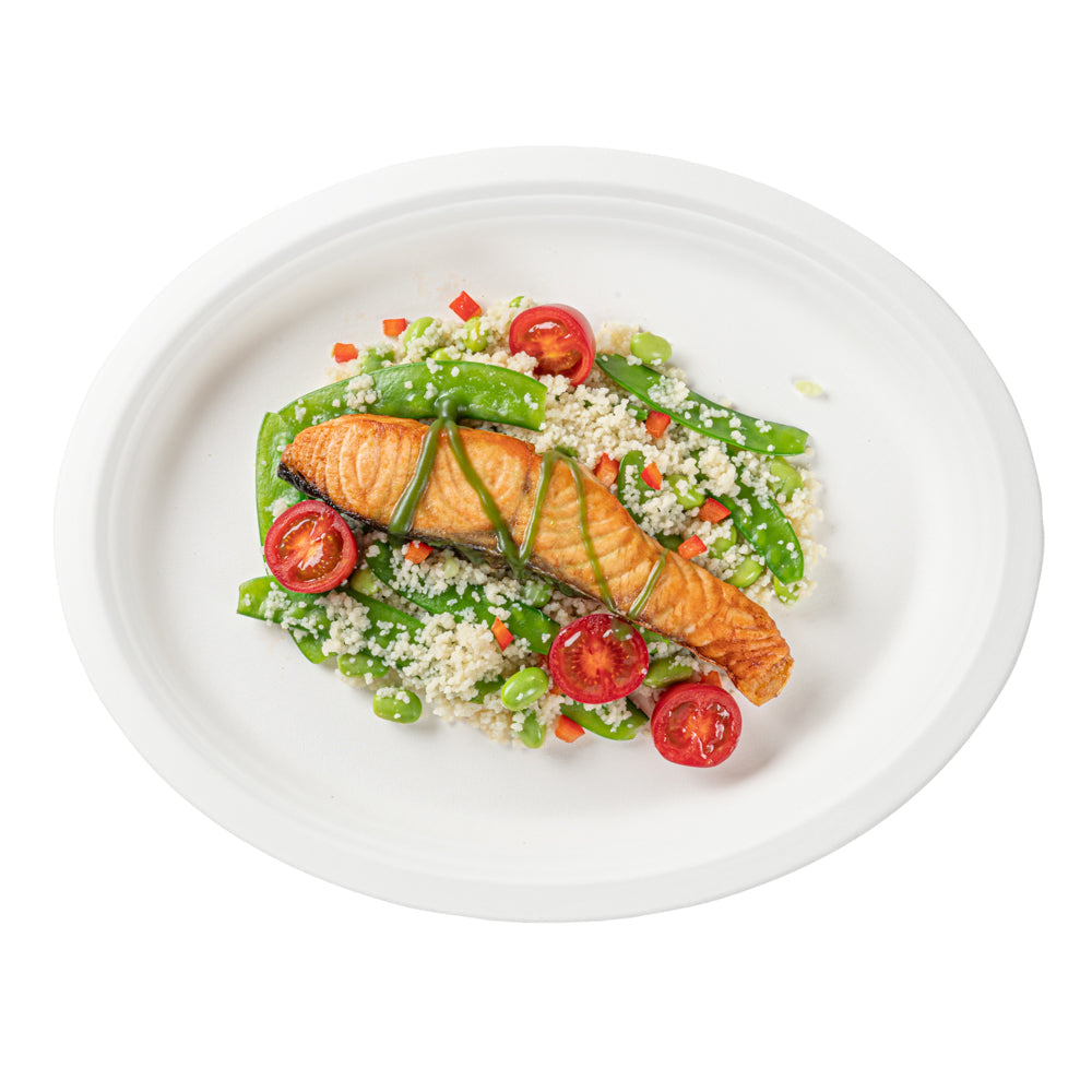 Pulp Safe No PFAS Added Oval White Sugarcane / Bagasse Large Plate - Home Compostable - 12 1/2" x 10" x 1" - 100 count box
