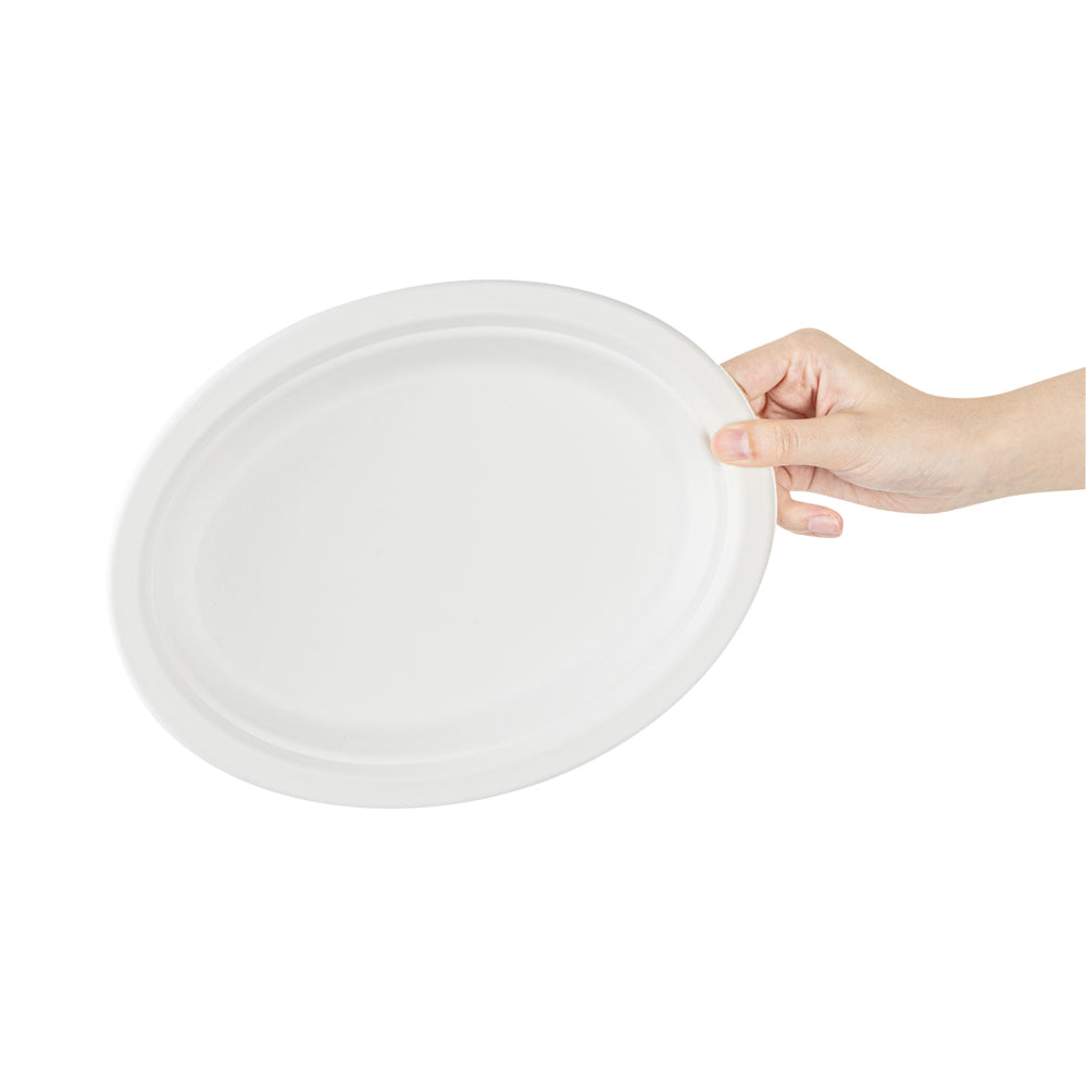 Pulp Safe No PFAS Added Oval White Sugarcane / Bagasse Medium Plate - Home Compostable - 10 1/2" x 7 3/4" x 3/4" - 100 count box