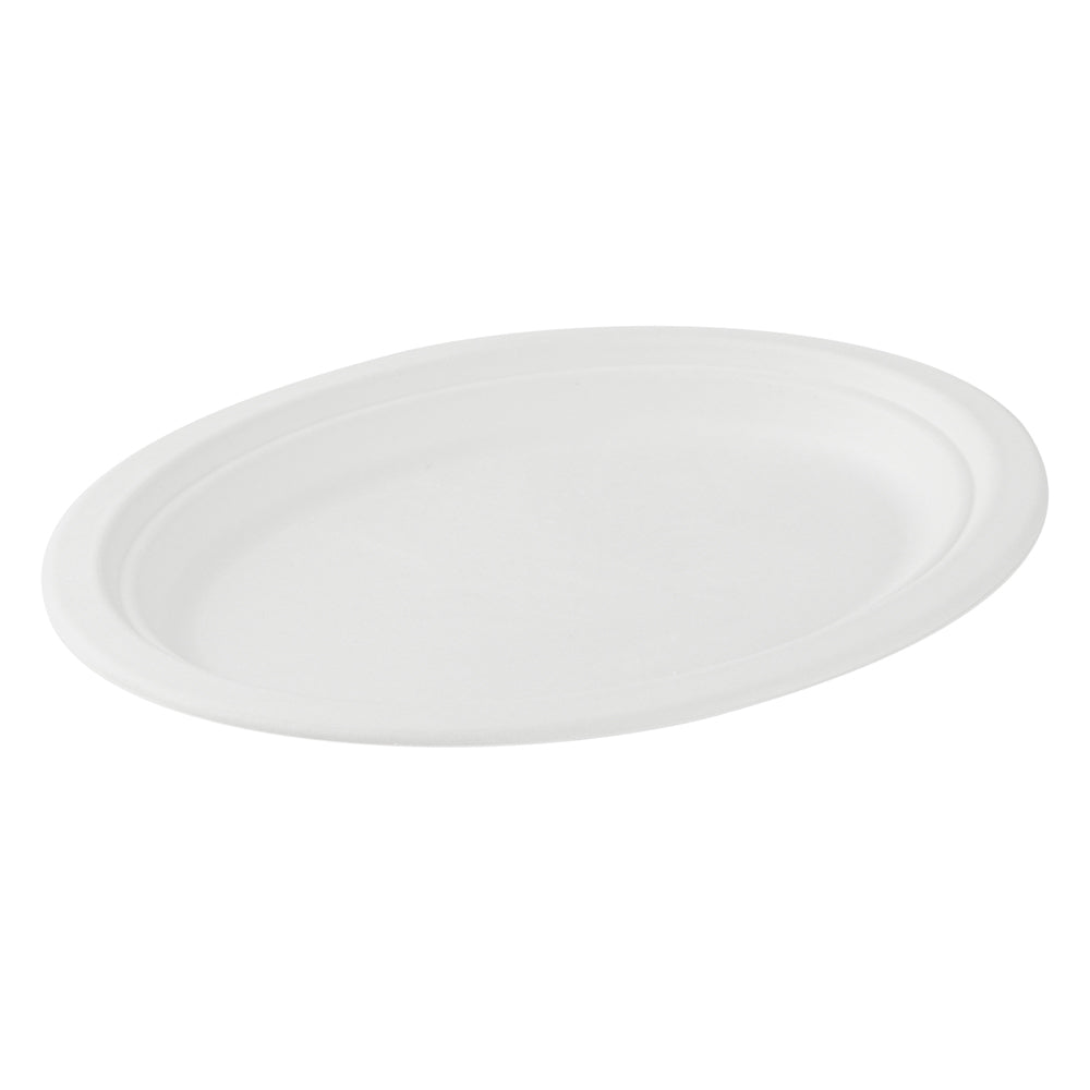 Pulp Safe No PFAS Added Oval White Sugarcane / Bagasse Medium Plate - Home Compostable - 10 1/2" x 7 3/4" x 3/4" - 100 count box