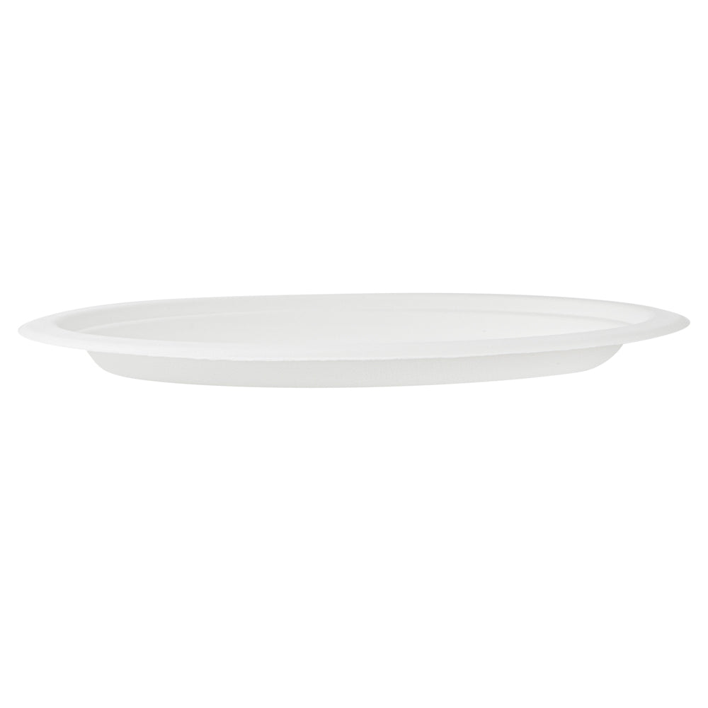 Pulp Safe No PFAS Added Oval White Sugarcane / Bagasse Medium Plate - Home Compostable - 10 1/2" x 7 3/4" x 3/4" - 100 count box