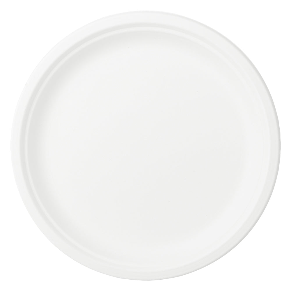 Pulp Safe No PFAS Added Round White Sugarcane / Bagasse Large Plate - Home Compostable - 10 1/4" x 10 1/4" x 3/4" - 100 count box