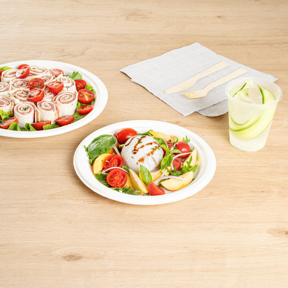 Pulp Safe No PFAS Added Round White Sugarcane / Bagasse Large Plate - Home Compostable - 10 1/4" x 10 1/4" x 3/4" - 100 count box