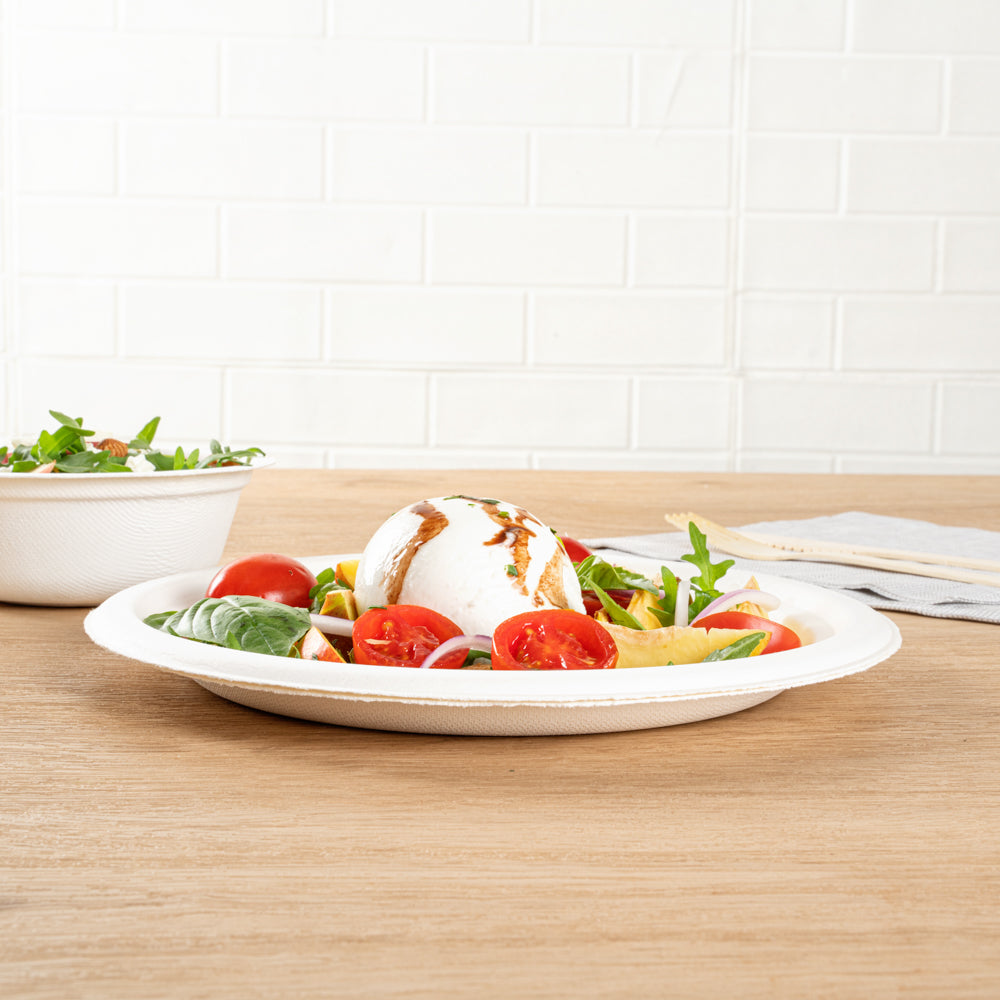 Pulp Safe No PFAS Added Round White Sugarcane / Bagasse Large Plate - Home Compostable - 10 1/4" x 10 1/4" x 3/4" - 100 count box