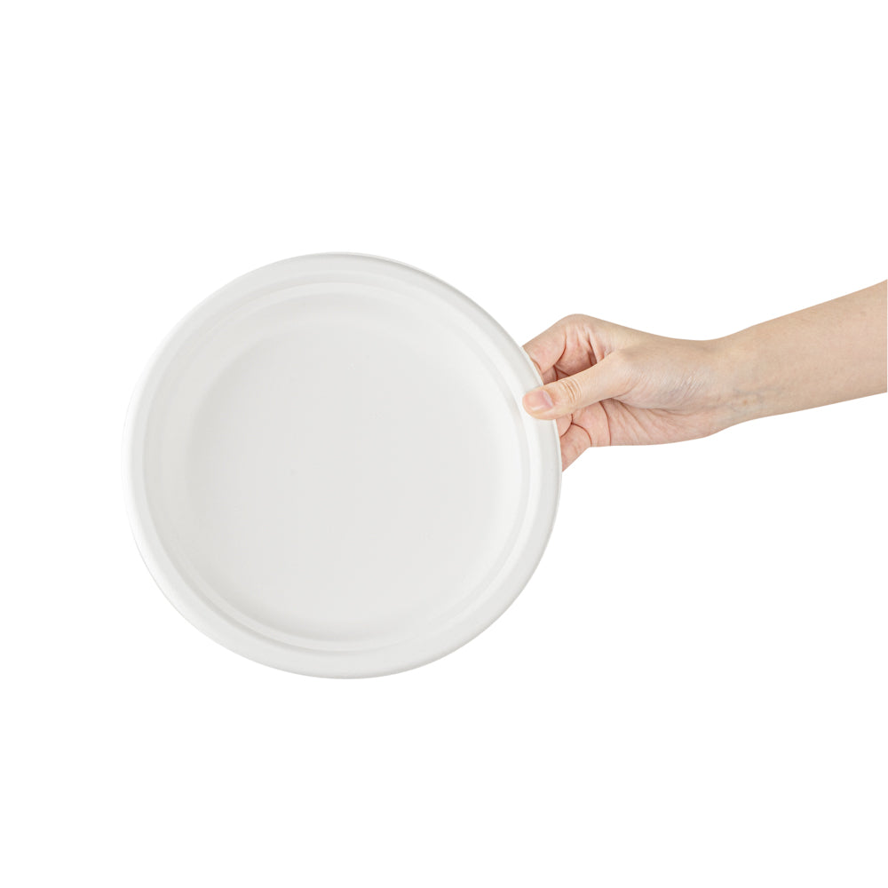 Pulp Safe No PFAS Added Round White Sugarcane / Bagasse Medium Plate - Home Compostable - 8 3/4" x 8 3/4" x 3/4" - 100 count box