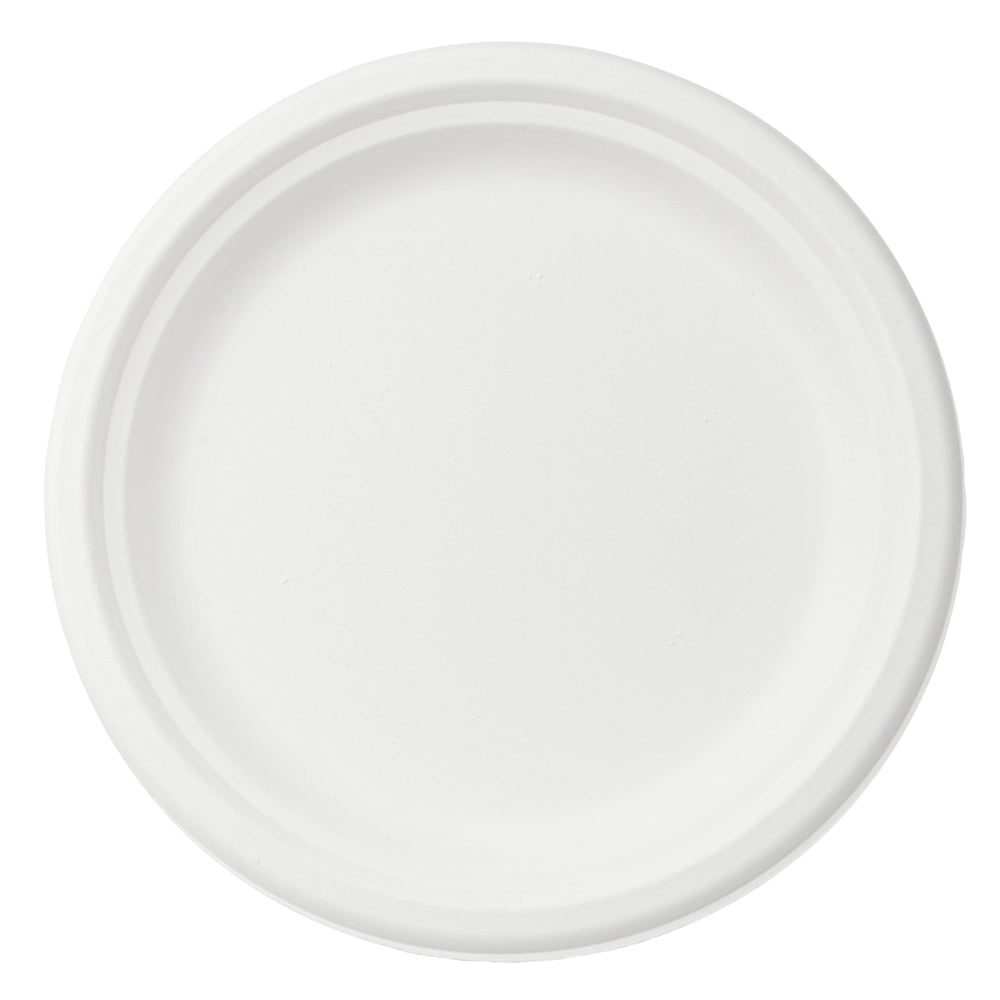 Pulp Safe No PFAS Added Round White Sugarcane / Bagasse Medium Plate - Home Compostable - 8 3/4" x 8 3/4" x 3/4" - 100 count box