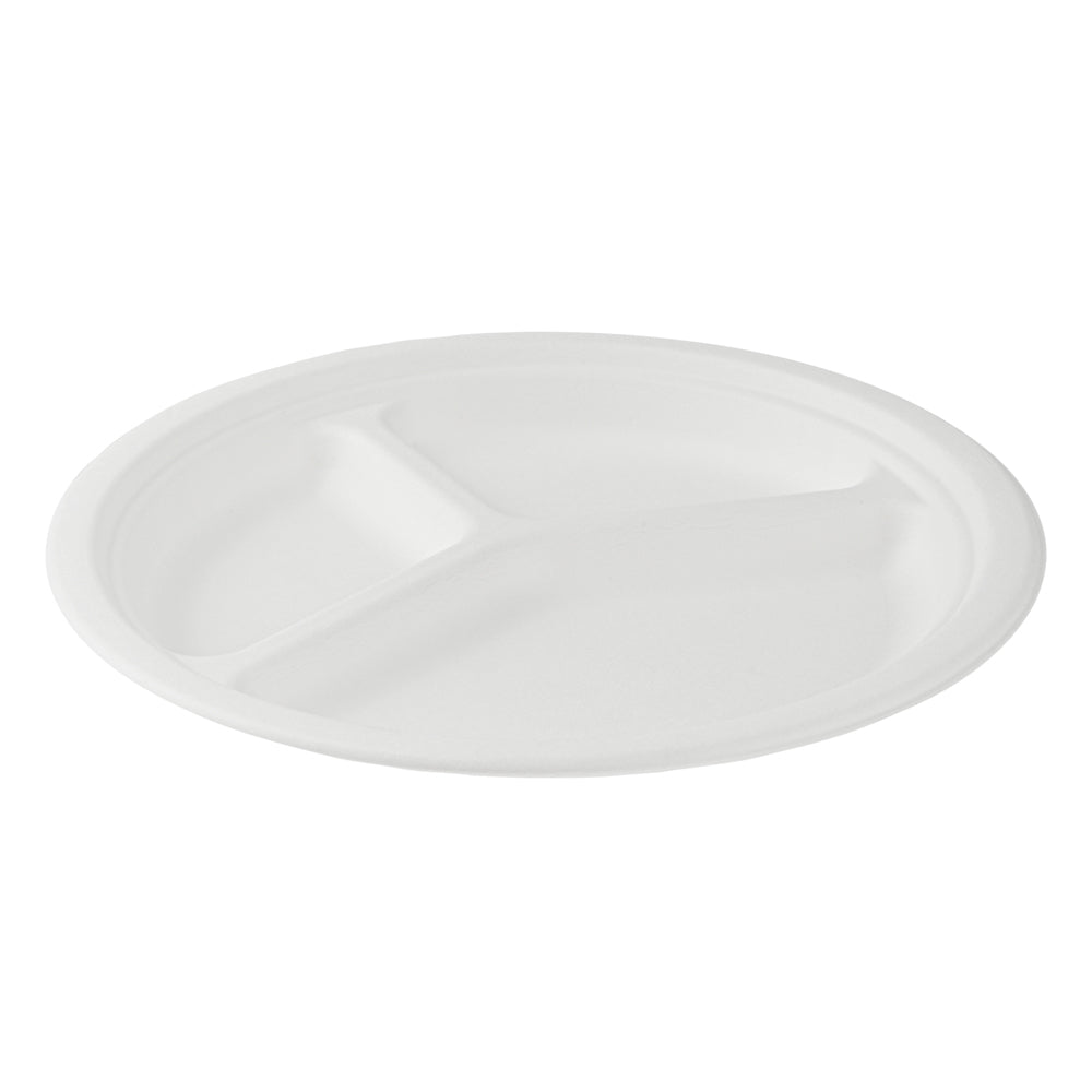 Pulp Safe No PFAS Added White Sugarcane / Bagasse Plate - Home Compostable, 3-Compartment - 10 1/4" x 10 1/4" x 1" - 100 count box
