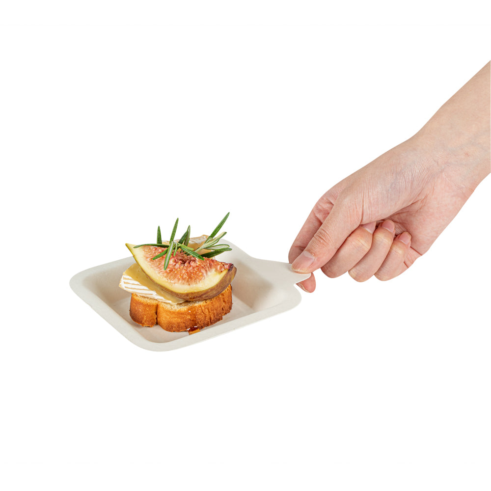 Pulp Safe No PFAS Added Square White Sugarcane / Bagasse Small Plate - Home Compostable - 4 1/4" x 5" x 1/2" - 100 count box
