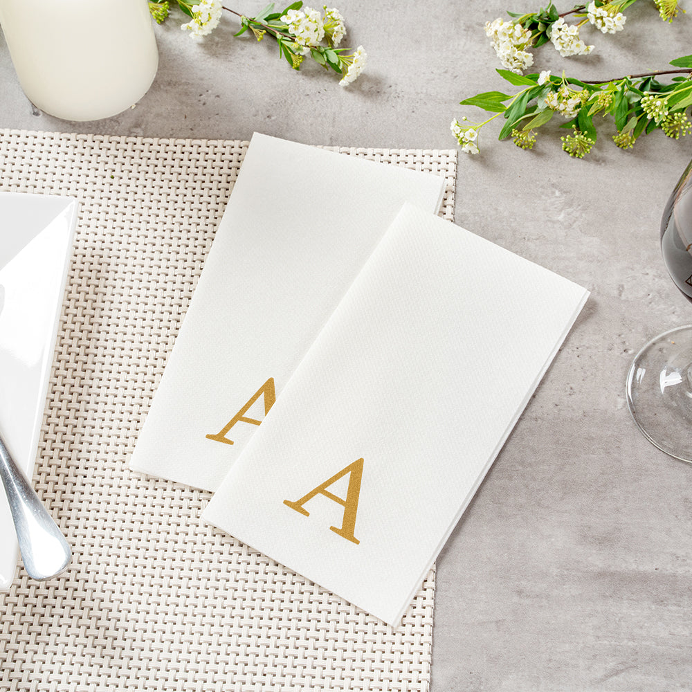 Luxenap Rectangle Gold Letter A White Paper Linen-Feel Guest Towel / Napkin - Air Laid, Sans Serif Font - 15 3/4" x 8" - 50 count box