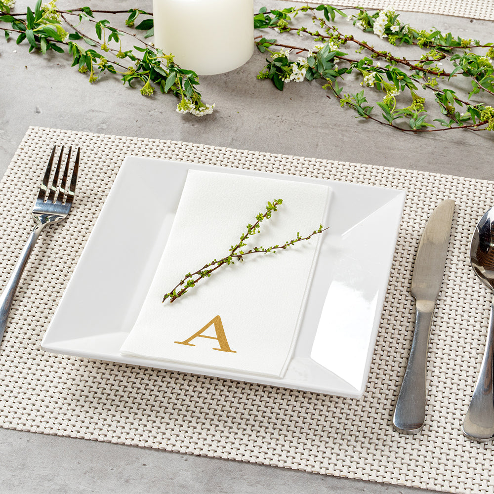 Luxenap Rectangle Gold Letter A White Paper Linen-Feel Guest Towel / Napkin - Air Laid, Sans Serif Font - 15 3/4" x 8" - 50 count box
