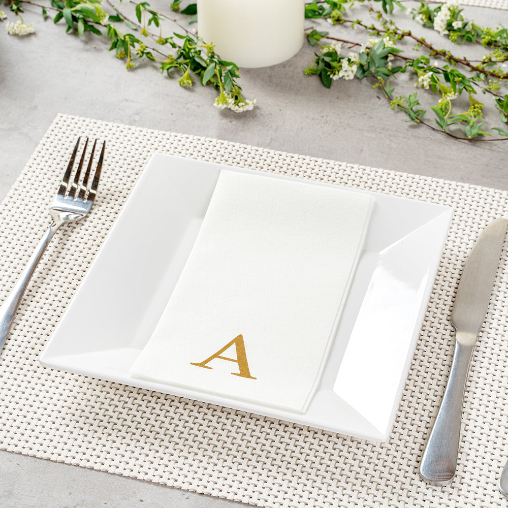 Luxenap Rectangle Gold Letter A White Paper Linen-Feel Guest Towel / Napkin - Air Laid, Sans Serif Font - 15 3/4" x 8" - 2000 count box