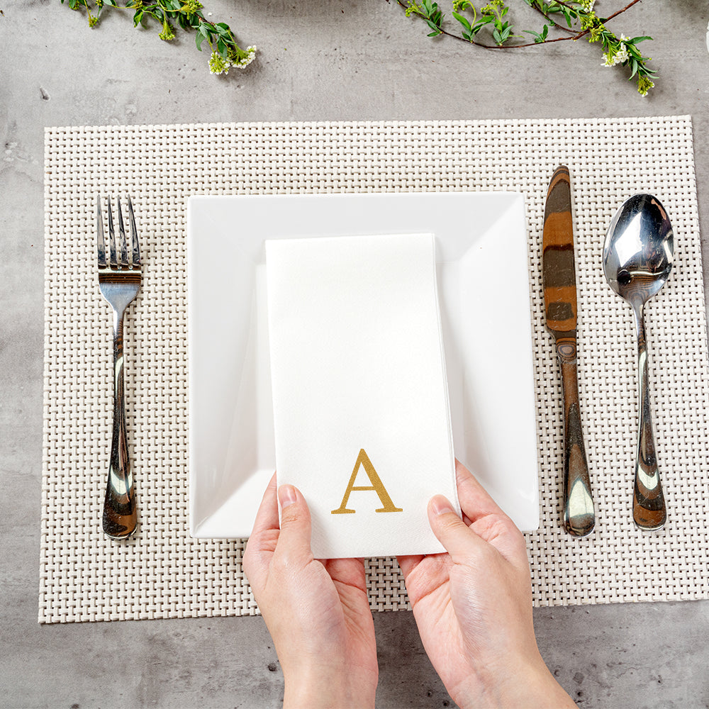 Luxenap Rectangle Gold Letter A White Paper Linen-Feel Guest Towel / Napkin - Air Laid, Sans Serif Font - 15 3/4" x 8" - 2000 count box