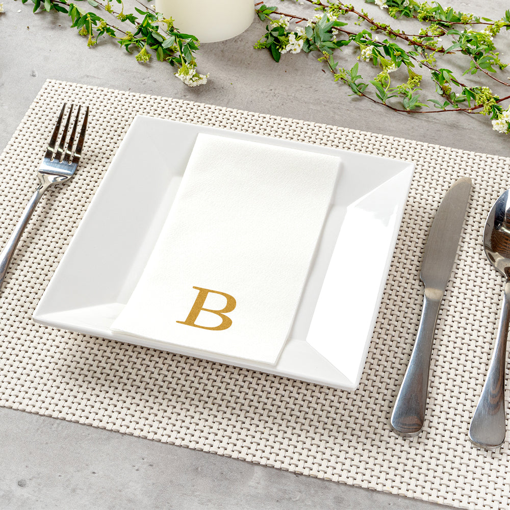 Luxenap Rectangle Gold Letter B White Paper Linen-Feel Guest Towel / Napkin - Air Laid, Sans Serif Font - 15 3/4" x 8" - 50 count box