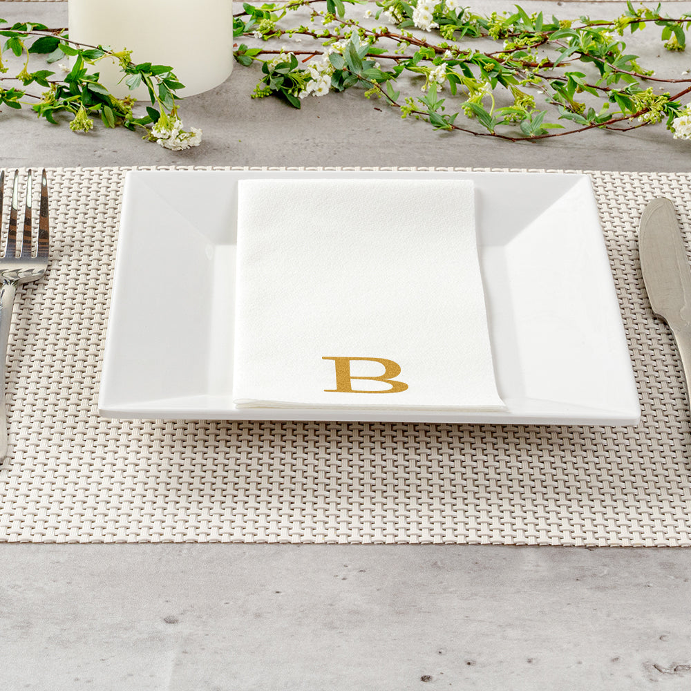 Luxenap Rectangle Gold Letter B White Paper Linen-Feel Guest Towel / Napkin - Air Laid, Sans Serif Font - 15 3/4" x 8" - 50 count box