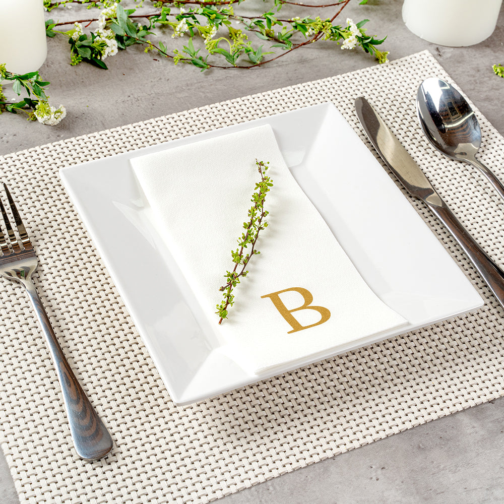Luxenap Rectangle Gold Letter B White Paper Linen-Feel Guest Towel / Napkin - Air Laid, Sans Serif Font - 15 3/4" x 8" - 2000 count box
