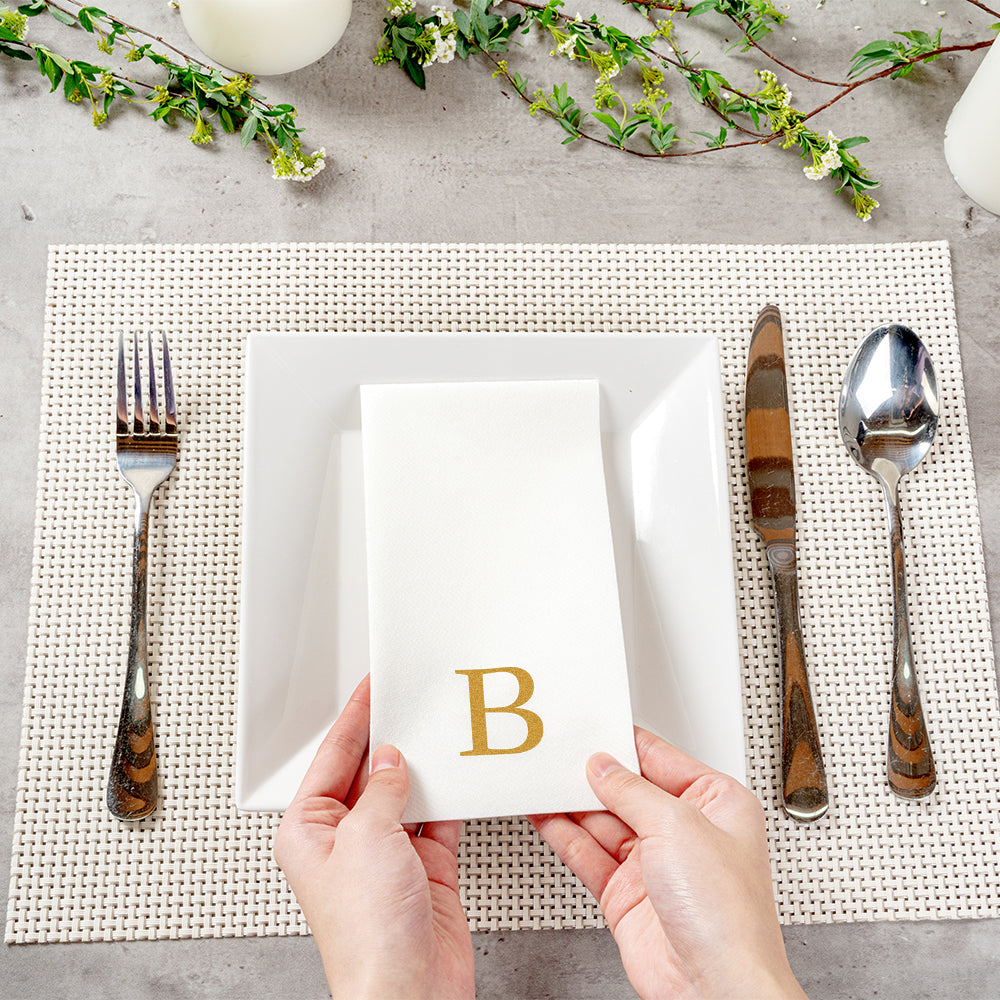 Luxenap Rectangle Gold Letter B White Paper Linen-Feel Guest Towel / Napkin - Air Laid, Sans Serif Font - 15 3/4" x 8" - 2000 count box