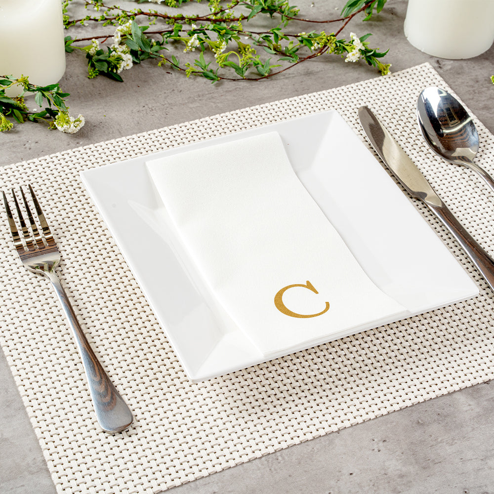 Luxenap Rectangle Gold Letter C White Paper Linen-Feel Guest Towel / Napkin - Air Laid, Sans Serif Font - 15 3/4" x 8" - 2000 count box