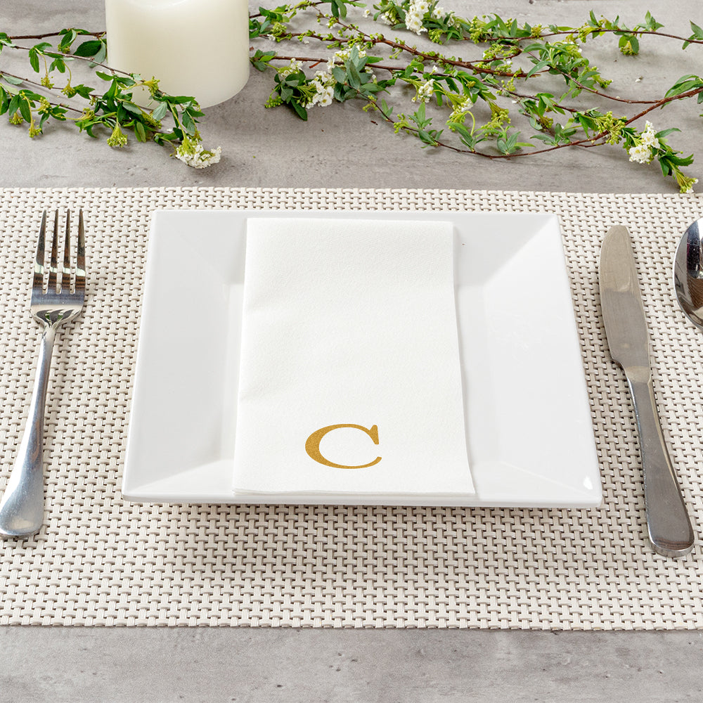 Luxenap Rectangle Gold Letter C White Paper Linen-Feel Guest Towel / Napkin - Air Laid, Sans Serif Font - 15 3/4" x 8" - 50 count box