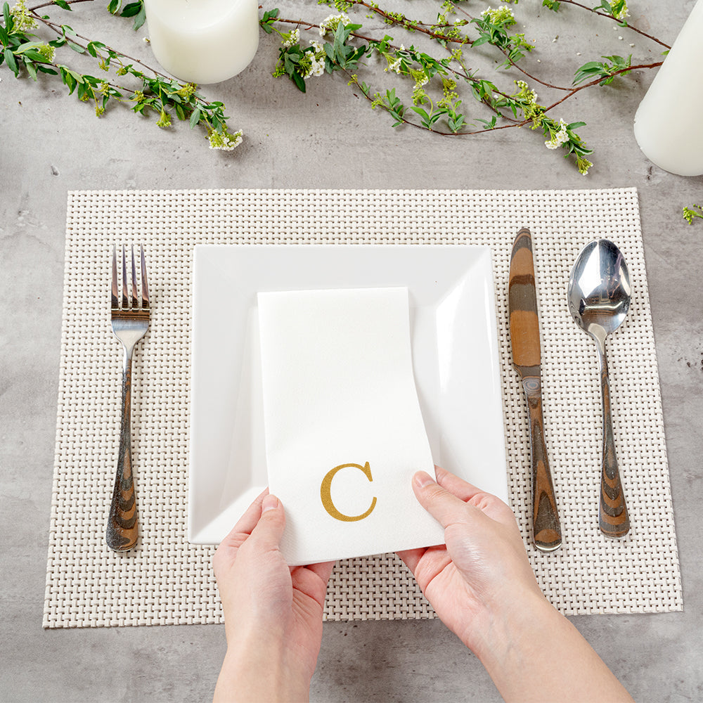 Luxenap Rectangle Gold Letter C White Paper Linen-Feel Guest Towel / Napkin - Air Laid, Sans Serif Font - 15 3/4" x 8" - 2000 count box